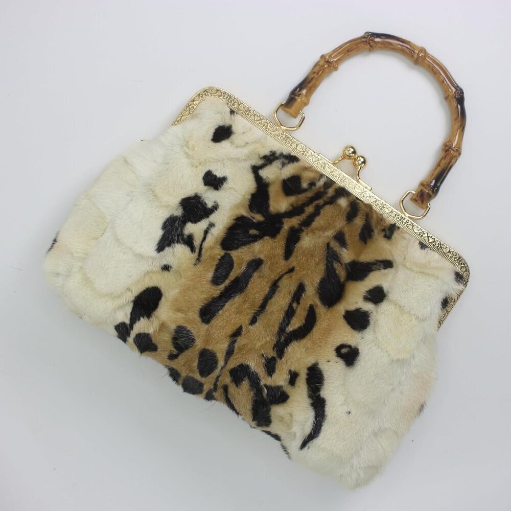 Women's Mink Fur Clutch Animal Print Mini Handbag with Kisslock Closure - Picture 2 of 9